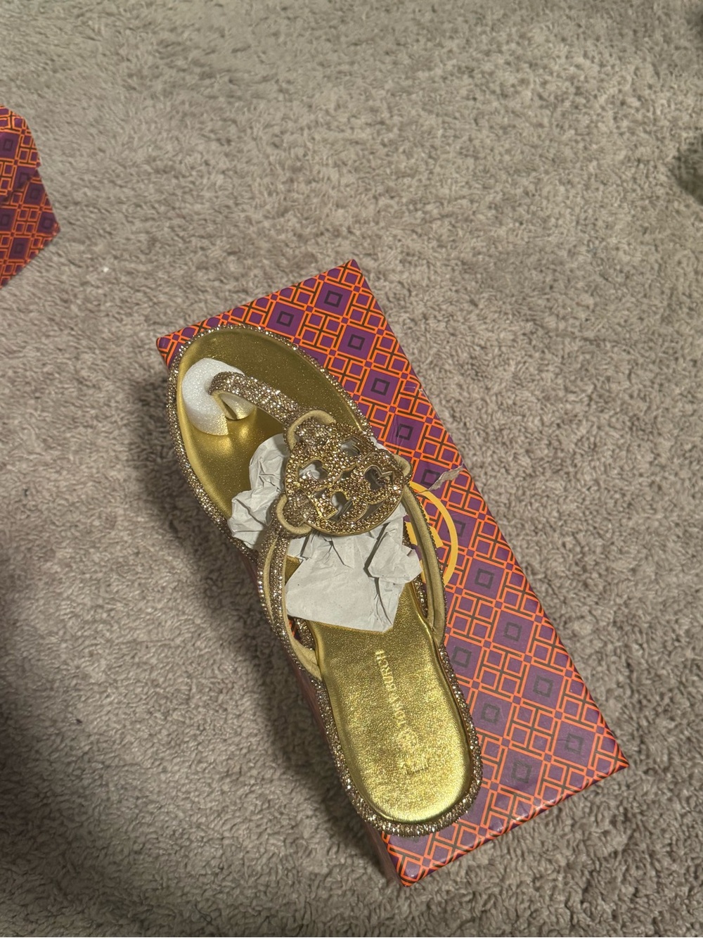 Tory Burch Gold Glitter Logo Thong Sandal